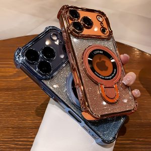 New Ultra-Shockproof Stand Phone Case with Electroplated Laser Glitter, Suitable for Iphone 17, 16, 15, 14, 13, 12, 11 Plus Pro Max Air. It Features a Stand And Supports Wireless Charging, Making It a Great Gift for Friends Or Partners.