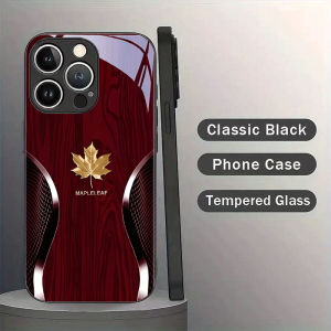 Phone Case: Red Background Golden Maple Noble Image Tempered Glass Phone Case Black for iPhone 17, 17air, 17pro