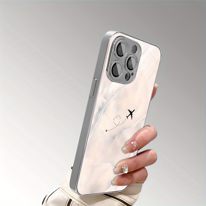 Phone Case – Retro Flowing Cloud Airplane Flight Pattern Electroplated Glass Phone Case with Lens Protection for Iphone