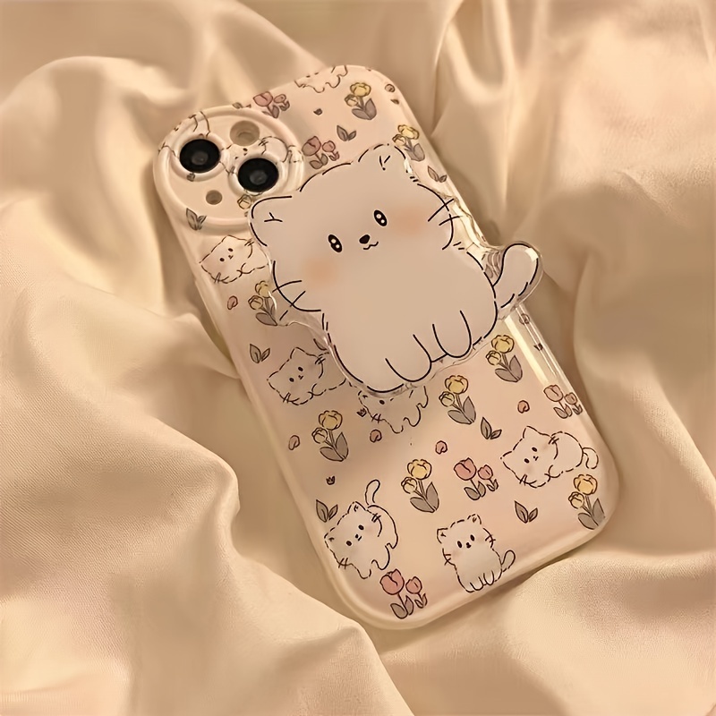 1pc Lovely Flower Meow Phone Case With Holder, For IPhone 14 13 12 11 Pro Max Xs Max XR 7 8 Plus SE 2020 MINI Silicone Cover Cases Gift For Birthday/Easter/Boy/Girlfriends