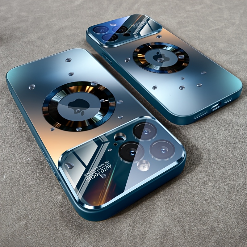 Phone Case – Luxury Titanium-Colored Glass Window Magnetic Wireless Charging Phone Case Compatible with for Iphone 11 12 13 14 15 16 17 Pro Max Air Plus, Shockproof Hard Matte Back Cover, Fully Encasing Camera Lens Protection Phone Case