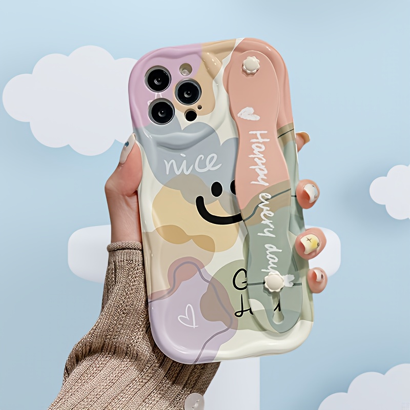 Phone Case – Colorful Block Smile White Cream Shell, Wrist Support Phone Case, Minimalist Design
