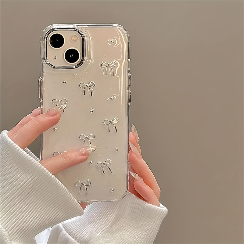 Phone Case – Silvery Bow Transparent Phone Case for Iphone 16 Pro Max 15 14 13 12 11 Pro Max 16E X XR XS Max 7 8 16 Plus SE2020 Protective Cover