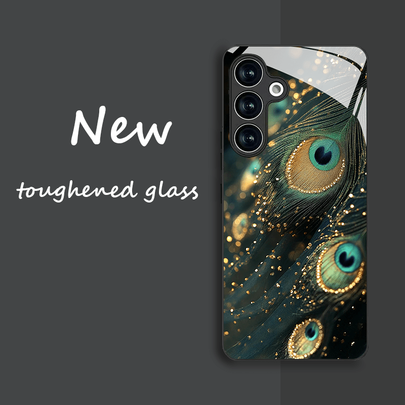 Phone case: Peacock Feather Pattern Tempered Glass Black Phone Case for Galaxy