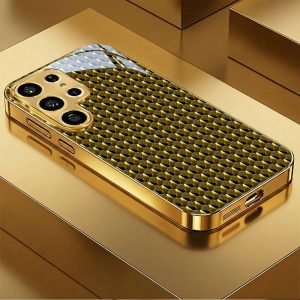 Phone Case – New Style Electroplated Golden Glass Phone Case with Gilded Rhombus Shimmering Pattern Design, Compatible with for Samsung Galaxy