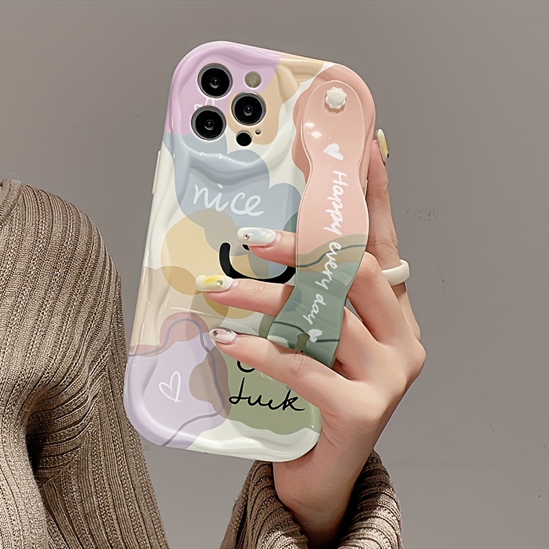 Phone Case – Colorful Block Smile White Cream Shell, Wrist Support Phone Case, Minimalist Design