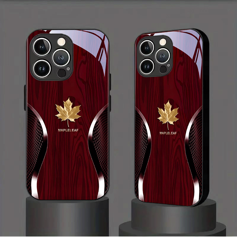 Phone Case: Red Background Golden Maple Noble Image Tempered Glass Phone Case Black for iPhone 17, 17air, 17pro