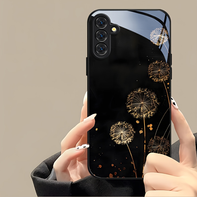 Phone Case – Stylish, Versatile, And Durable Black Glass Phone Case for Samsung for Galaxy A05 A05S A06 A14 A15 A16 A22 A23 A24 A25 A32 A33 A34 A35 A36 A52 A52S A53 A54 A55 A56 S21 S22 S23 S24 S25 FE Plus Ultra Edge 5G Dandelion Flat Golden Dream