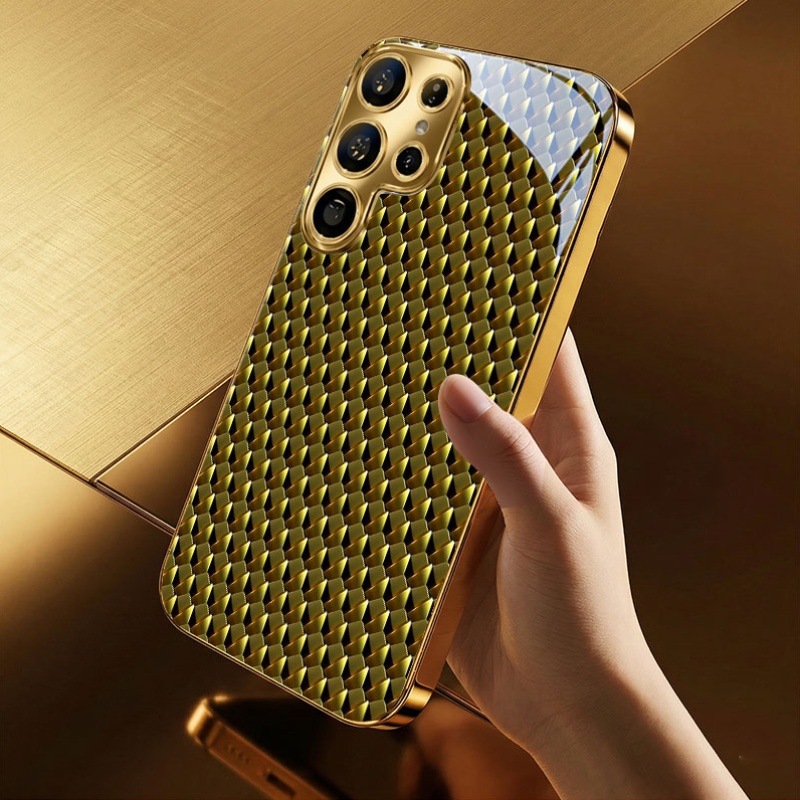 Phone Case – New Style Electroplated Golden Glass Phone Case with Gilded Rhombus Shimmering Pattern Design, Compatible with for Samsung Galaxy