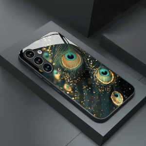 Phone case: Peacock Feather Pattern Tempered Glass Black Phone Case for Galaxy